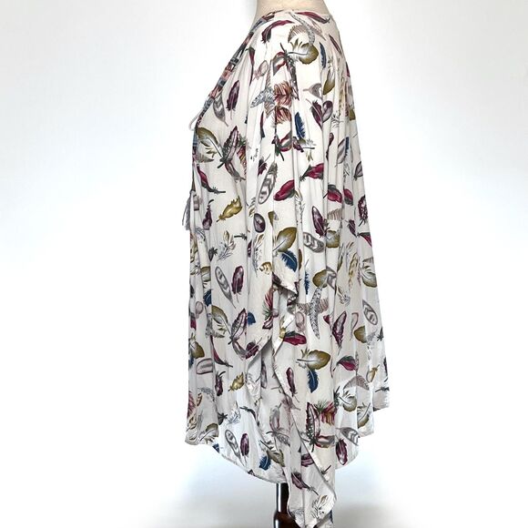 Umgee Cream Feather Print Batwing Boho Women's Top L - Picture 2 of 7